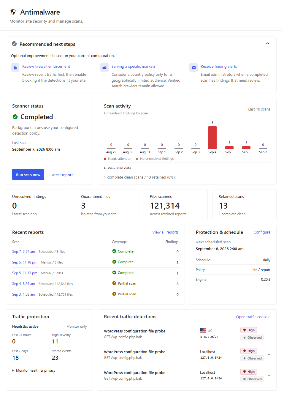 Antimalware Scanner dashboard showing daily activity, detection totals, recent scans, and scanner status