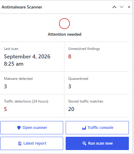 WordPress Dashboard Antimalware Scanner widget showing scanner status, latest result, traffic matches, and action shortcuts