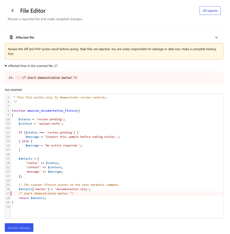 Full-edition file editor with the detected line highlighted in red