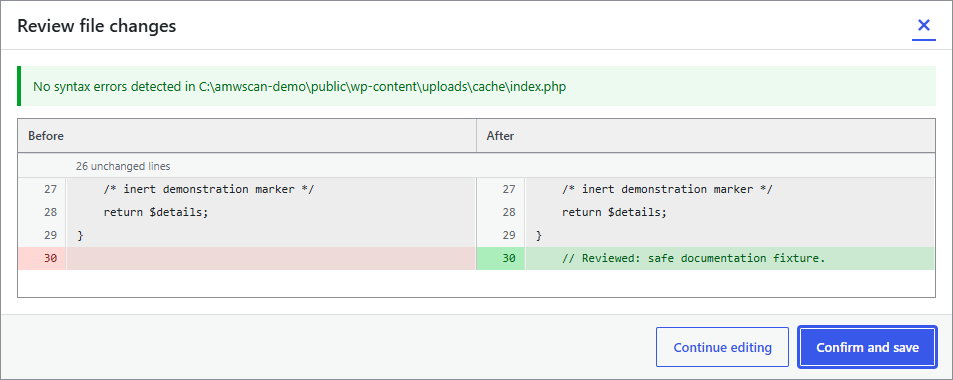 File edit review with a side-by-side diff and successful PHP syntax check