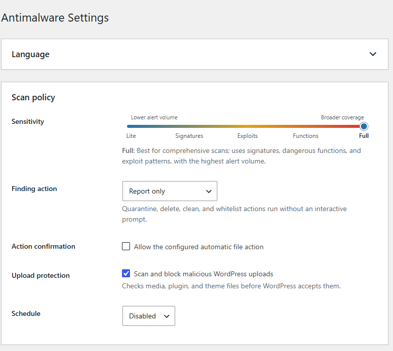 Antimalware Scanner settings screen
