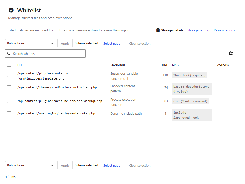 Antimalware Scanner whitelist manager showing reviewed matches and removal controls