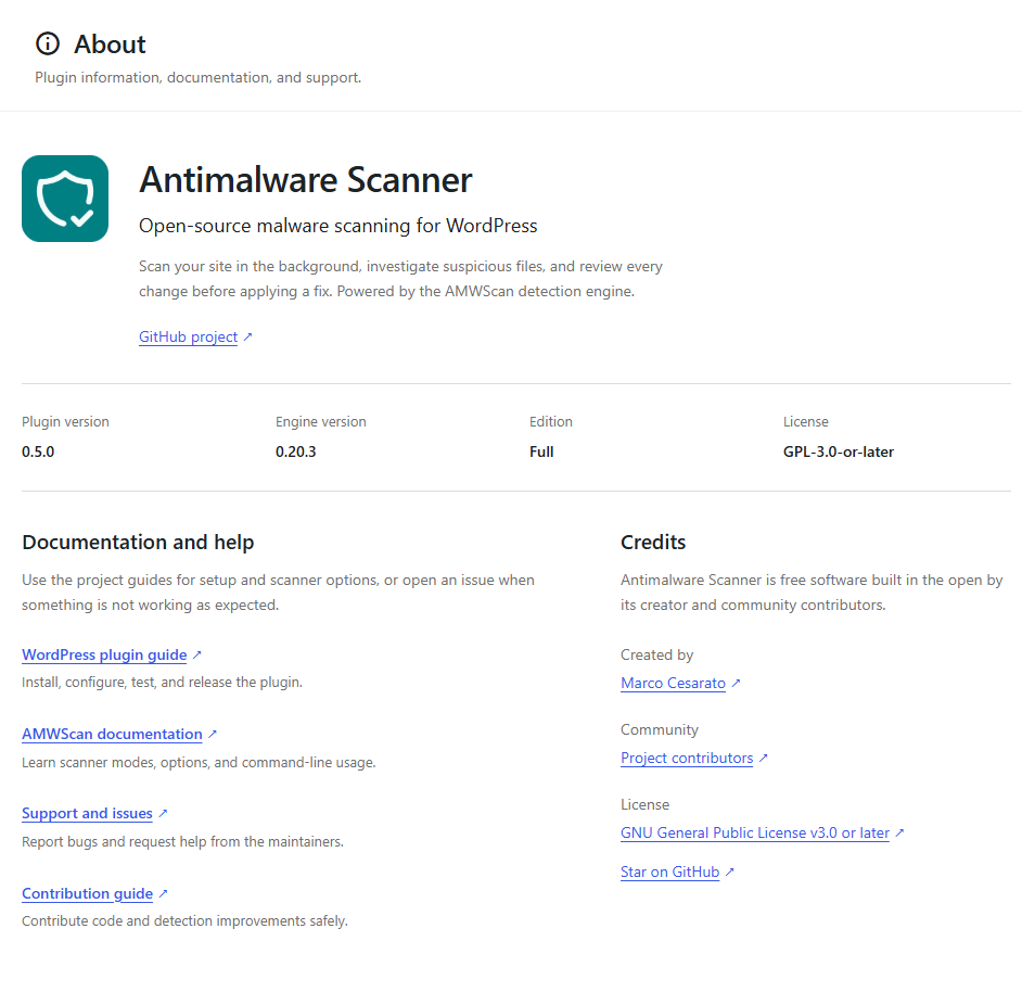 AMWScan-Infoseite mit Version, Projektressourcen und Supportlinks
